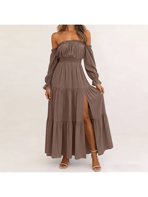 Women's Off Shoulder Long Sleeve Boho Flowy Maxi Dress Solid Casual Beach Vacation Loose Dresses, Coffee 2XL
