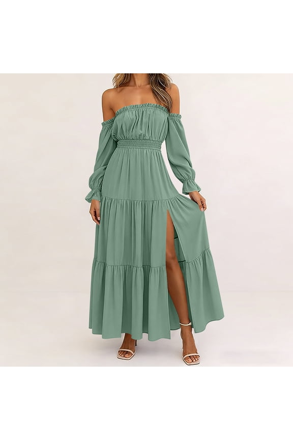 Women's Off Shoulder Long Sleeve Boho Flowy Maxi Dress Solid Casual Beach Vacation Loose Dresses, Mint Green XL