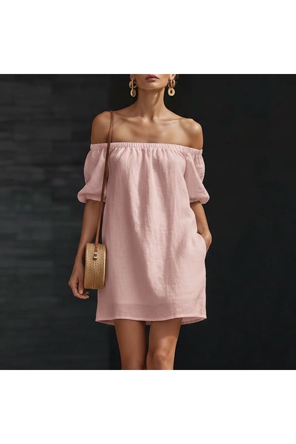Women's Off Shoulder Short Sleeve High Low Mini Dresses Flowy Boho Solid Casual Swing Loose Beach Vacation Dress, Pink L