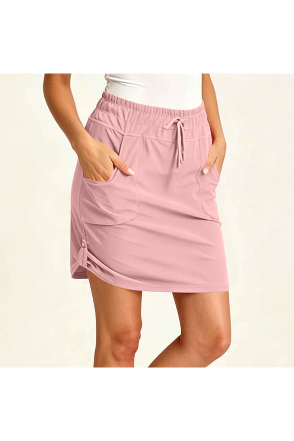 Women's Plus Size Summer Mini Skirt Solid Casual Boho Tie A-Line Flowy Vacation Beach Party Skirts, Pink L