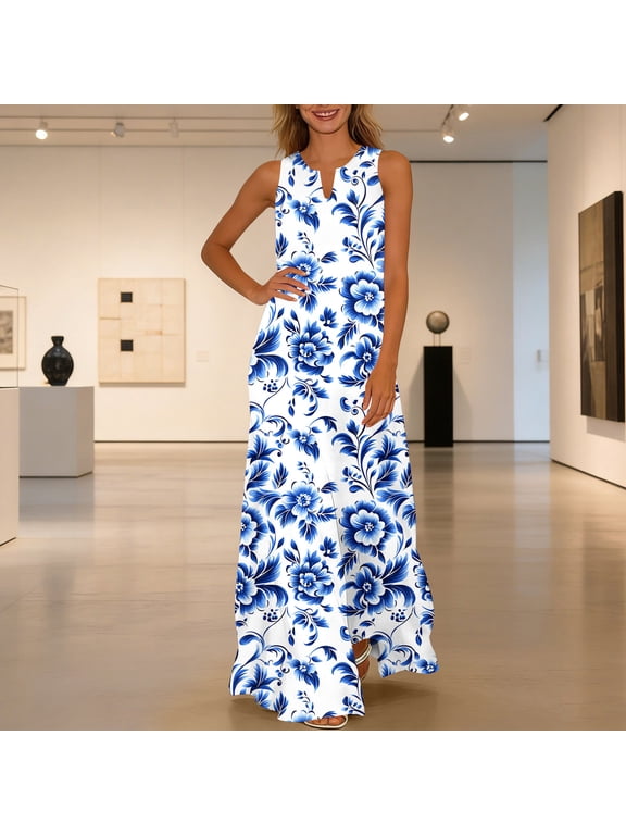 Women's Plus Size Summer V Neck Sleeveless Boho Floral Flowy Maxi Dresses Elegant Beach Vacation Long Sundresses, Multicolor M