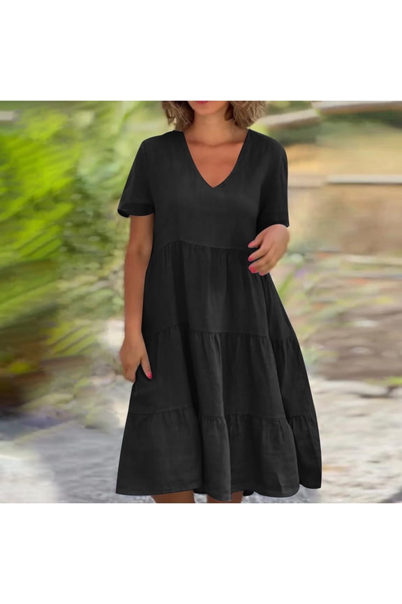 Women's Plus Size V Neck Short Sleeve Boho Flowy A-Line Midi Dresses Loose Fit Casual Summer Beach Vacation Swing Solid Sundresses, Black 2XL