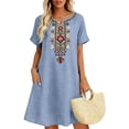 thumbnail image 1 of Uscallm Women's Plus Size V Neck Short Sleeve Embroidery Boho Mini Dress Casual Loose A-Line Mini Dresses for Party, Light Blue S, 1 of 6
