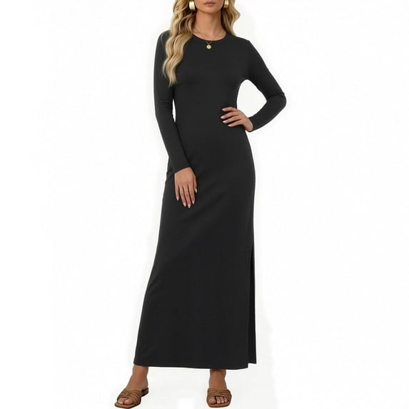 Uscallm Women's Round Neck Long Sleeve Bodycon Maxi Dress Solid Elegant Casual Travel Dress Slim Fit Knit Stretchy Fall Winter Outfit Outfits, Black 2XL
