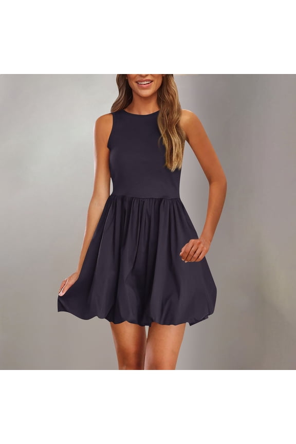 Women's Round Neck Sleeveless A-Line Mini Dress Solid Flowy Casual Skater Dresses for Women Holiday Party Beach Clothes, Navy S