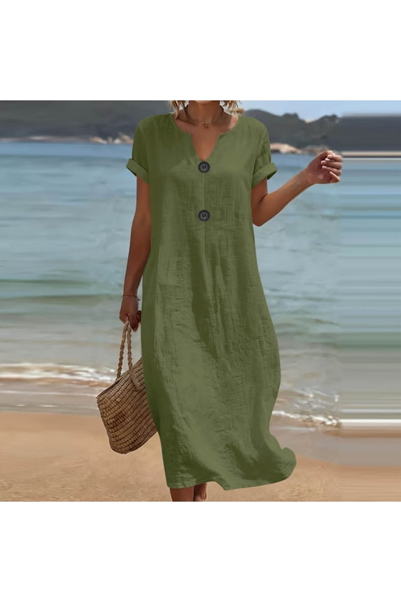 Women's Short Sleeve V Neck Button Down Maxi Dress Flowy Casual Midi Dress Solid Boho Loose Beach Vacation Swing Dresses Summer, Army Green M