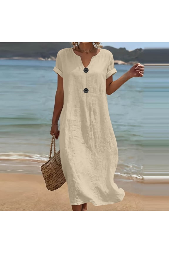 Women's Short Sleeve V Neck Button Down Maxi Dress Flowy Casual Midi Dress Solid Boho Loose Beach Vacation Swing Dresses Summer, Beige S