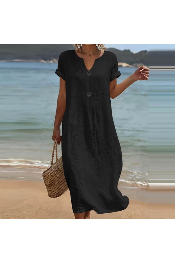 Women's Short Sleeve V Neck Button Down Maxi Dress Flowy Casual Midi Dress Solid Boho Loose Beach Vacation Swing Dresses Summer, Black 2XL