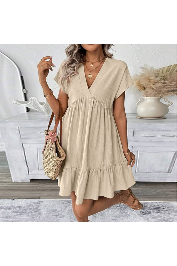 Women's Short Sleeve V Neck Flowy Mini Dress Solid A-Line Casual Boho Beach Vacation Sundress, Beige L