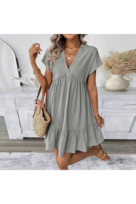 Women's Short Sleeve V Neck Flowy Mini Dress Solid A-Line Casual Boho Beach Vacation Sundress, Gray S