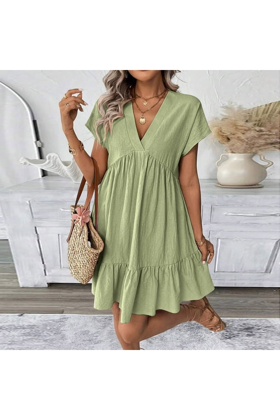 Women's Short Sleeve V Neck Flowy Mini Dress Solid A-Line Casual Boho Beach Vacation Sundress, Green S