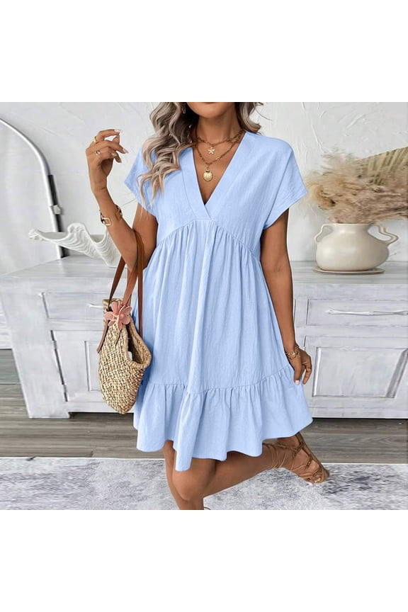 Women's Short Sleeve V Neck Flowy Mini Dress Solid A-Line Casual Boho Beach Vacation Sundress, Light Blue M