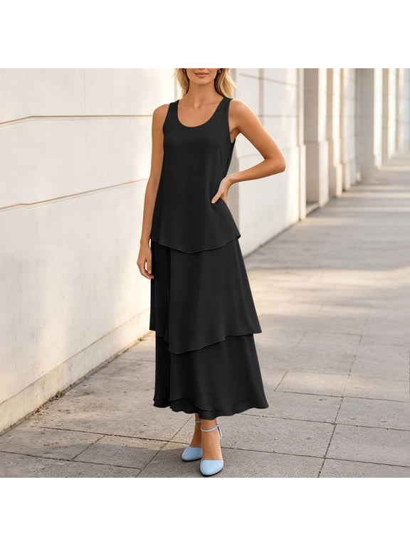 Women's Sleeveless Maxi Dresses Round Neck Flowy Layered Boho Beach Vacation Casual Long Loose Sundresses Solid Summer Formal Dress, Black L