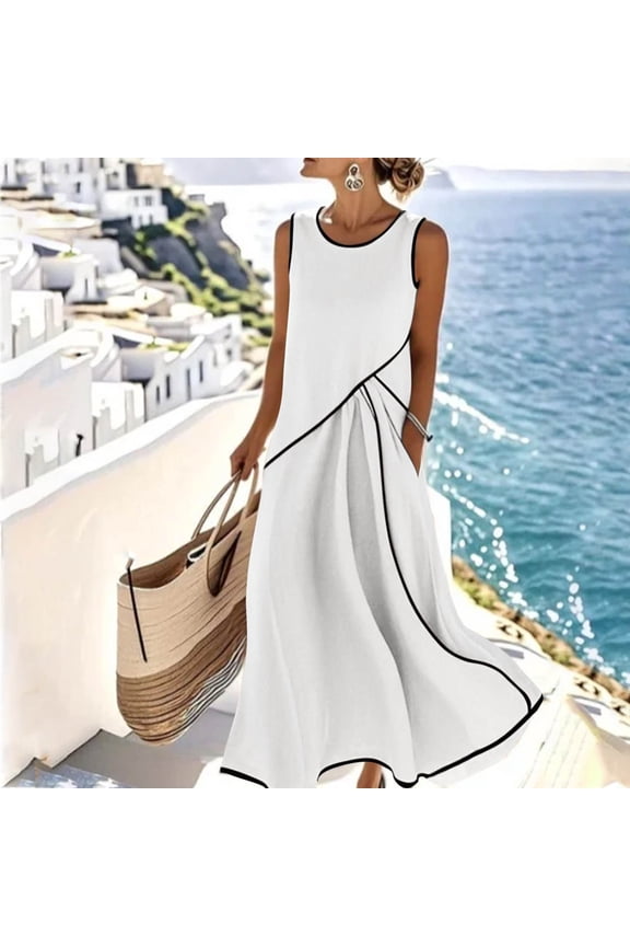 Women's Sleeveless Round Neck Maxi Dress High Low Hem Flowy Casual Boho Beach Vacation Long Dresses, White 2XL