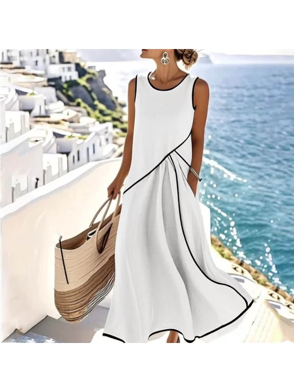 Women's Sleeveless Round Neck Maxi Dress High Low Hem Flowy Casual Boho Beach Vacation Long Dresses, White 2XL