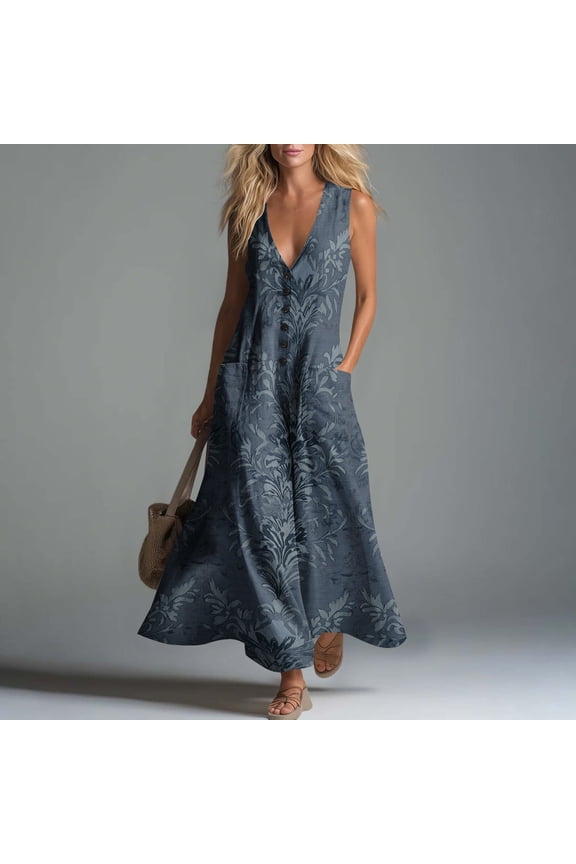 Women's Sleeveless V Neck Button Down Floral Boho Maxi Dress Flowy Casual Beach Vacation Long Sundress Travel Outfits, Multicolor 2XL