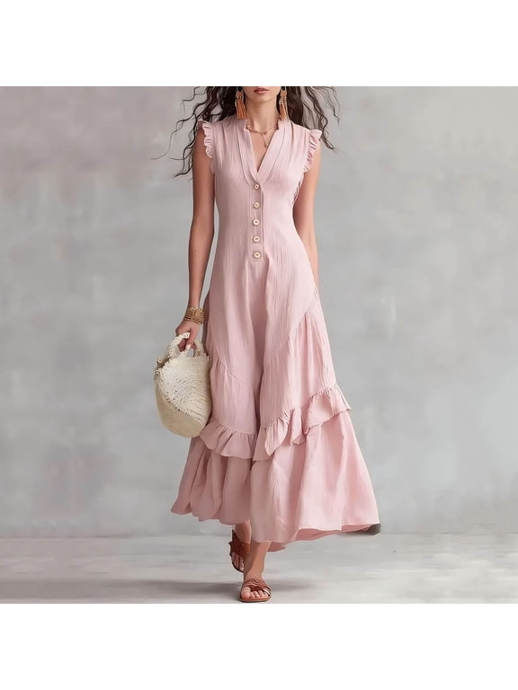 Women's Sleeveless V Neck High Low Ruffle Maxi Dress Flowy Boho Casual Long Dresses for Beach Vacation Summer, Pink M