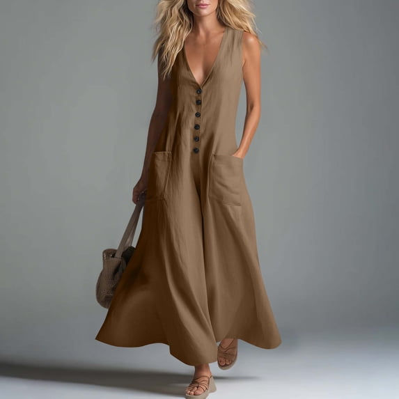 Uscallm Women's Sleeveless V Neck Maxi Dress Button Down Flowy Solid Boho Long Dresses Casual Lightweight Beach Vacation Summer Sundress, Brown S