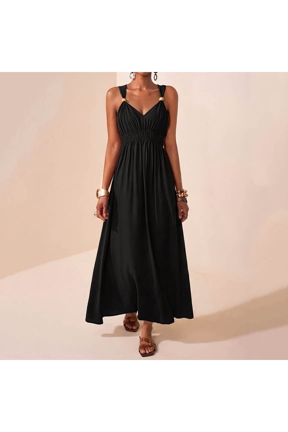 Women's Sleeveless V Neck Maxi Dress Ruched Flowy Boho A-Line Casual Elegant Long Vacation Dress for Summer Beach, Black 2XL