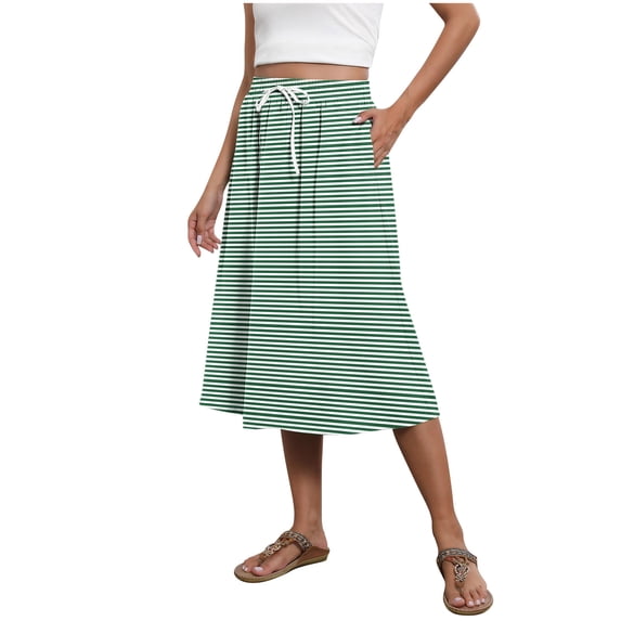Uscallm Women's Striped A-Line Maxi Skirt Flowy Midi Casual Boho Beach Vacation Elastic Waist Summer Skirts, Green 2XL