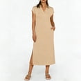 thumbnail image 1 of Uscallm Women's Summer Midi Dress Short Sleeve Collared V Neck Lightweight Soft Fabric Boho Casual Travel Beach Sundresses, Khaki L, 1 of 7