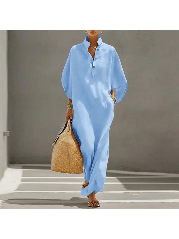 Women's Summer Plus Size Collared Bell Sleeve Maxi Dress Loose Fit Flowy Boho Casual Long Vacation Beach Party Sundresses, Light Blue 2XL