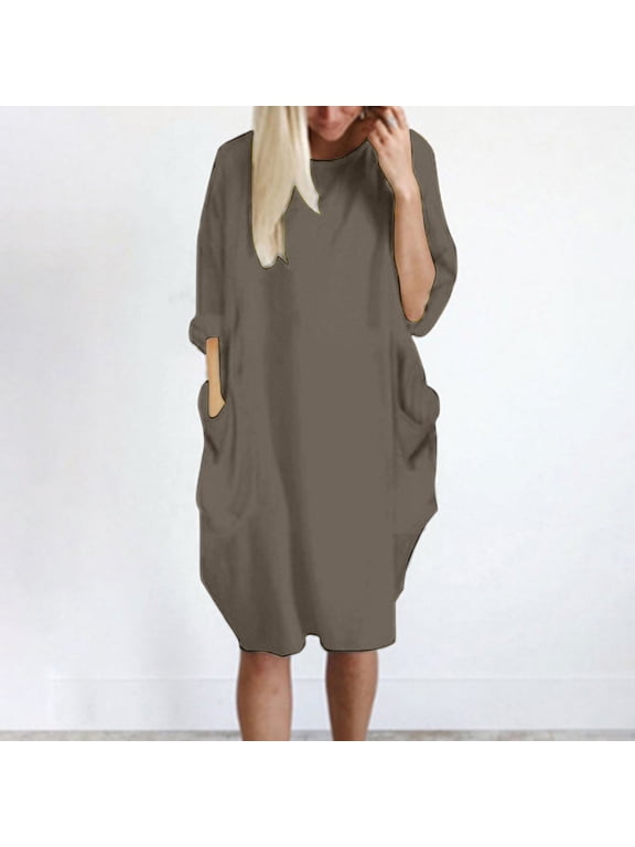 Women's Summer Plus Size Round Neck 3/4 Sleeve Flowy Casual Mini Dresses Loose Fit Solid Swing Vacation Party Dress Boho Sundresses, Brown M