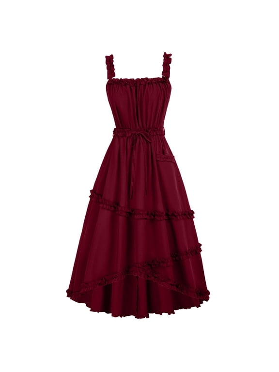Women's Summer Spaghetti Strap Cami Dress Ruffle Boho Flowy A-Line Midi Casual Vacation Beach Sundress, Red L