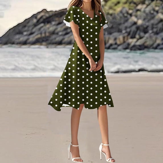 Uscallm Women's Summer V Neck Short Sleeve Polka Dot Boho A-Line Midi Dresses Casual Flowy Swing Vacation Beach Party Sundresses, Army Green M