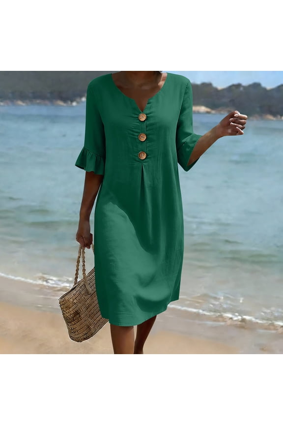 Women's V Neck 3/4 Sleeve Button Down Flowy Midi Dresses Casual Beach Summer Sundresses with Pockets, Army Green S