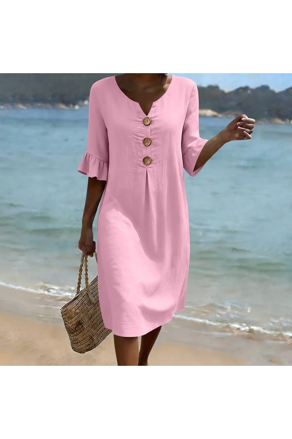 Women's V Neck 3/4 Sleeve Button Down Flowy Midi Dresses Casual Beach Summer Sundresses with Pockets, Pink S
