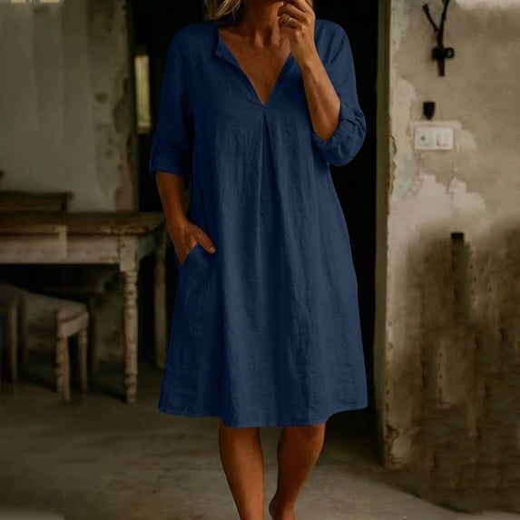 Uscallm Women's V Neck 3/4 Sleeve Flowy Casual Mini Dresses Solid Loose Fit Summer Holiday Beach Party Sundresses, Navy 2XL