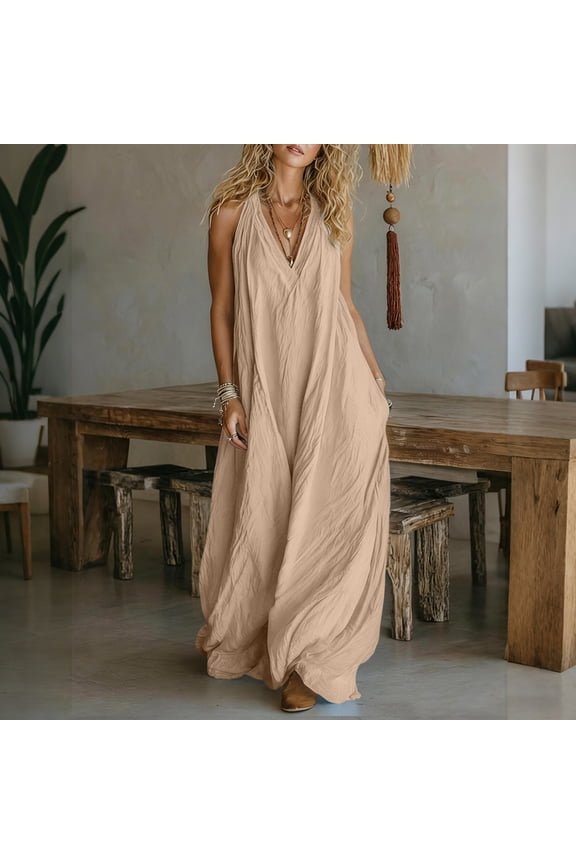 Women's V Neck Sleeveless Boho Flowy Maxi Dress Solid Casual Beach Vacation Long Dresses Summer Lightweight Sundresses Clothes Travel Outfits, Khaki M