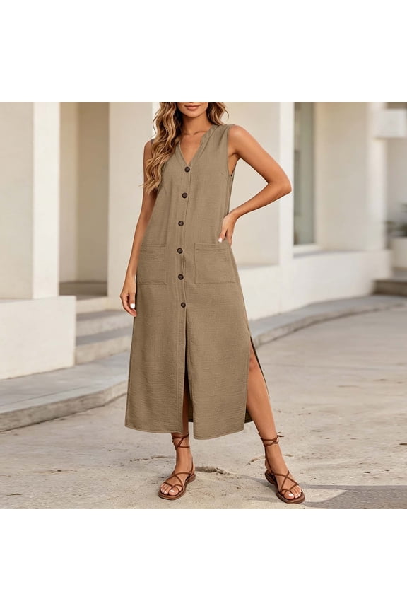 Women's V Neck Sleeveless Button Down Boho Maxi Dress Casual Flowy Long Travel Dresses Lightweight Summer Beach Sundress, Khaki M