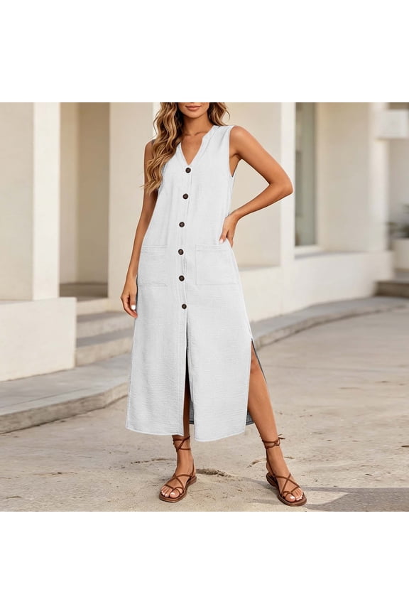 Women's V Neck Sleeveless Button Down Boho Maxi Dress Casual Flowy Long Travel Dresses Lightweight Summer Beach Sundress, White M