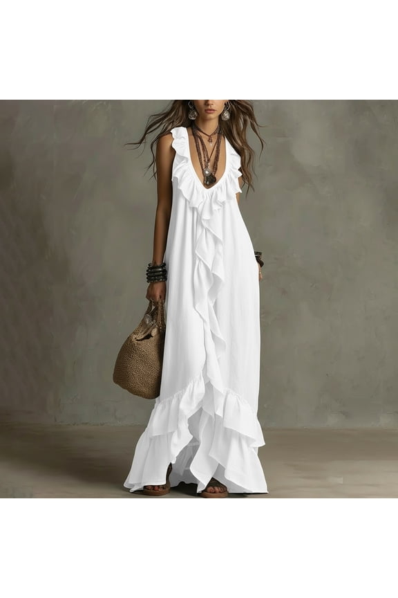 Women's V Neck Sleeveless Ruffle Flowy Boho Maxi Dress Casual Beach Vacation Long Sundresses Clothes Travel Outfits, White XL