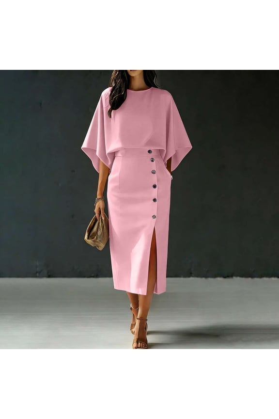 Womens Plus Size Round Neck Short Sleeve Button Down Boho Midi Dress Solid Elegant Casual Dresses Midi Maxi Party, Pink 2XL
