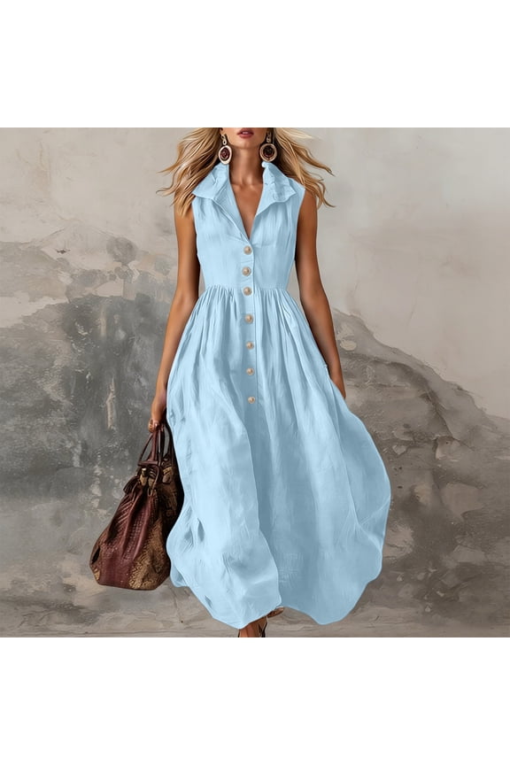 Womens Plus Size Sleeveless Button Down Collared Flowy Maxi Dress Solid Boho Casual Beach Vacation Long Dresses, Light Blue L