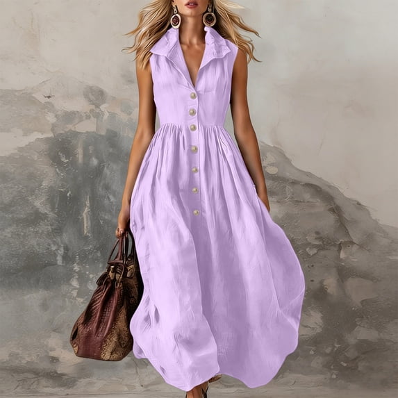 Uscallm Womens Plus Size Sleeveless Button Down Collared Flowy Maxi Dress Solid Boho Casual Beach Vacation Long Dresses, Purple L