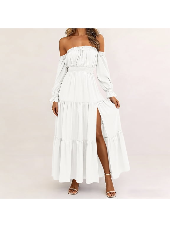 Womens Off Shoulder Long Sleeve Boho Flowy Maxi Dress Casual Beach Vacation Loose Long Dresses Solid Summer Sundresses Clothes Travel Outfits, White 2XL