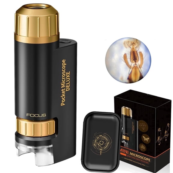 Mini Microscope for Kids, Pocket Microscope LED Light Handheld Small Lightweight Kid Microscope with Storage Bag, Black