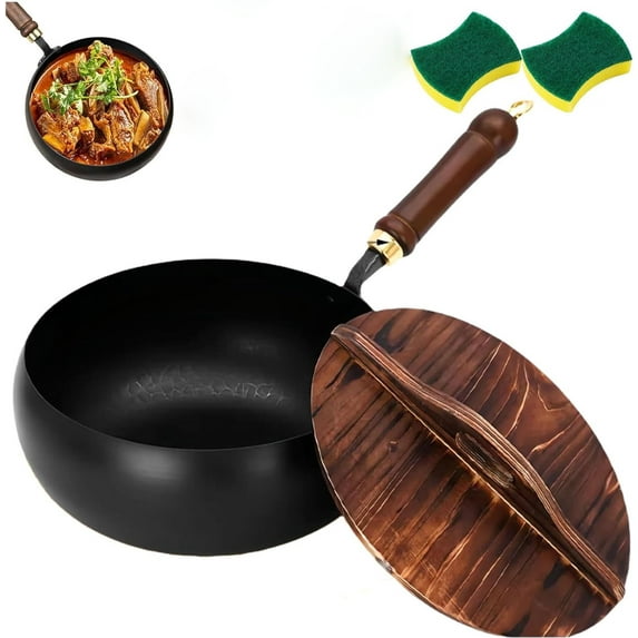 Usceshonn Iron Pot, 20/22/24/26/28cm Handmade Hammered Large Belly Pot with Wooden Lid/Glass Cover, Triple Stainless Steel Non-Stick Pans without Coating