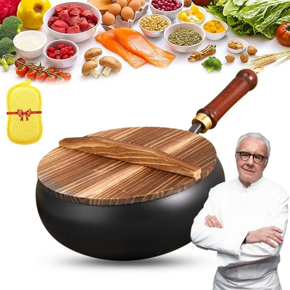 Usceshonn Iron Pot, Suntuup Japanese Iron Pan, Uncoating Cast Irons Pot, High-Purity Physical Non-Stick Frying Pan, Hand-Forged Non-stick Pans Without Coating(M-9.5 in Smooth-Wood Cover)
