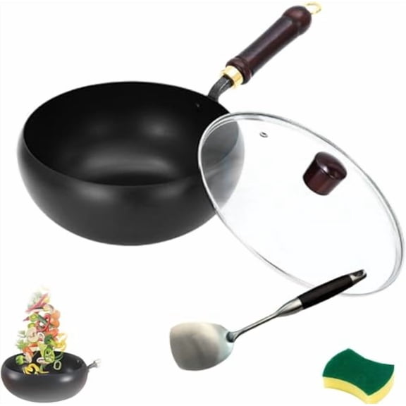 Usceshonn Iron Pot, Uncoated Thick Iron Pot, Hand-Forged Non-Stick Pan, With Lid And Spatula, Easy To Clean for Baking, Cooking, Stewing