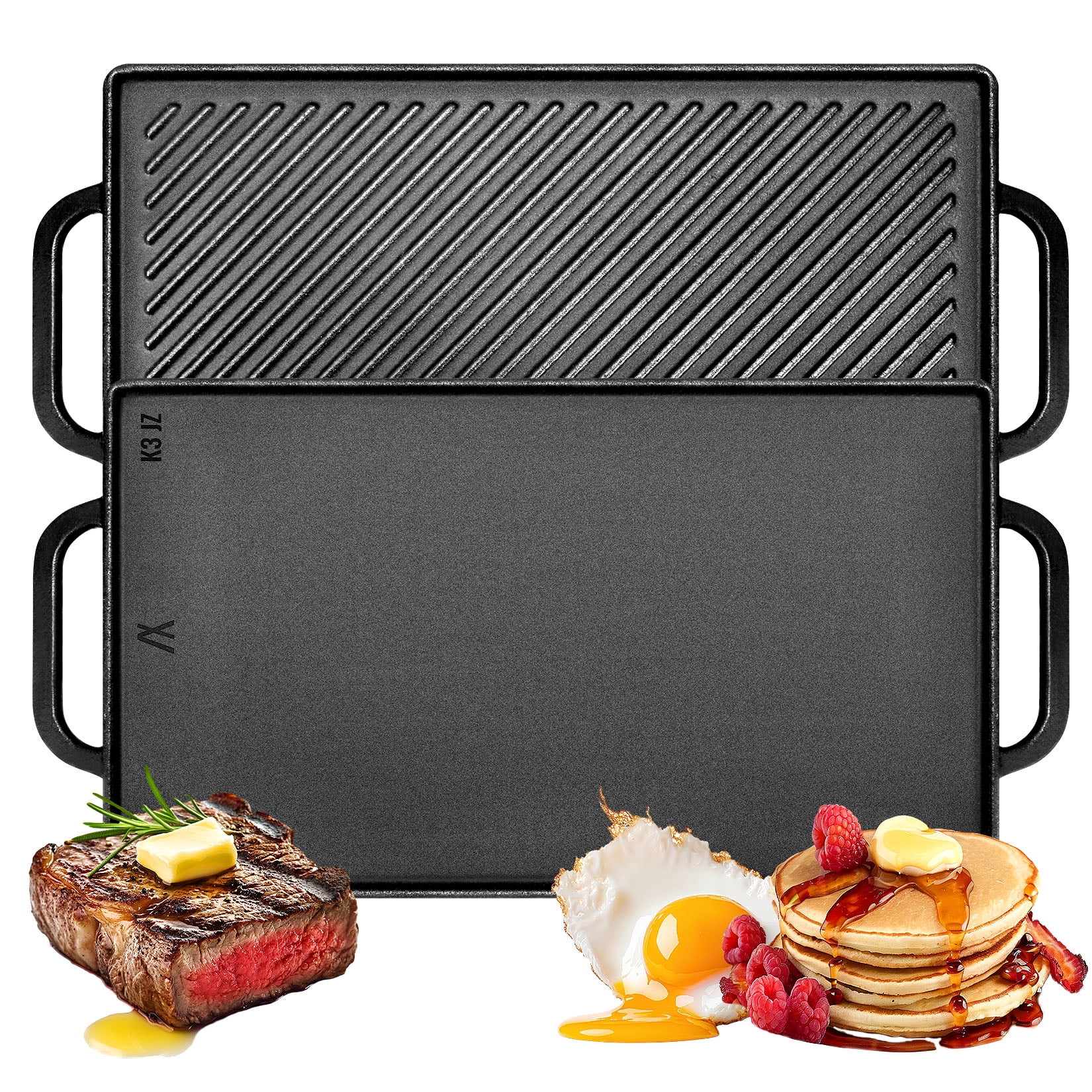 Uscover Cast Iron Reversible Grill and Griddle Pan 15x9 Inches with Handles for Gas Grill & Stove Top Black