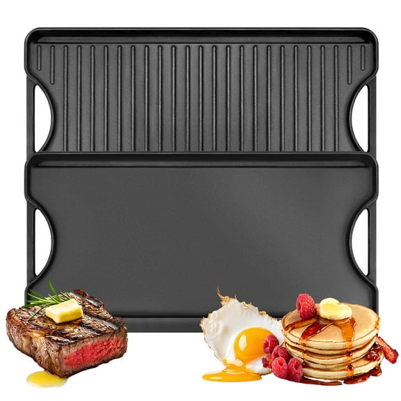 Uscover 20 x 10.5 Inch Reversible Cast Iron Grill/Griddle with Handles, Non-Stick Double Play Griddle Pan,Double Burner Cookware for Stovetop,Gas Grills,Oven,Camping,Outdoor,Campfire