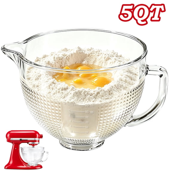 Uscover Glass Mixer Bowl for Kitchenaid 4.5-5 Quart Tilt-Head Stand Mixers, 5 qt Mixing Bowl for Kitchen Aid with Measurement Markings & Handle