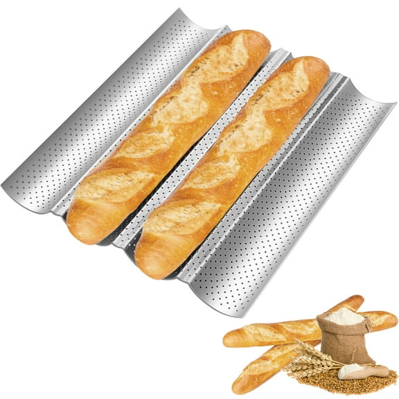 Uscover Nonstick Baguette Pan,4 Wave Loaves Baguette French Bread Baking Pan,Silver 4-Mold , 15" x 13",Carbon steel