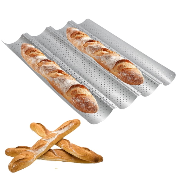 Uscover Nonstick Baguette Pan, 4-Loaf Wave French Bread Baking Tray, Carbon Steel Silver 15x13