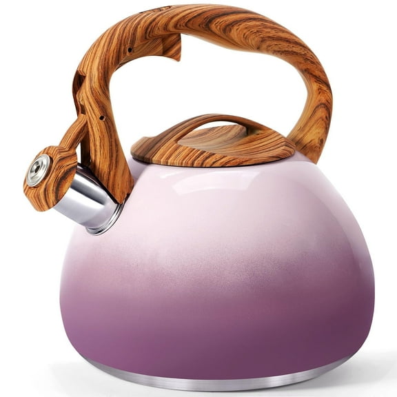 Uscover Pink Tea Kettle for Stove Top, 3.1QT/3L Whistling Tea Kettles for Boiling Water Coffee or Milk, Purple Tea Pot with Wood Parttern Handle, Stainless Steel Tea Pot for Home and Kitchen